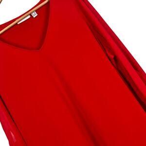 Susan Graver Women's 1X Red Sheer Sleeve‎ Tie Detail V-Neck Tunic Elegant Blouse
